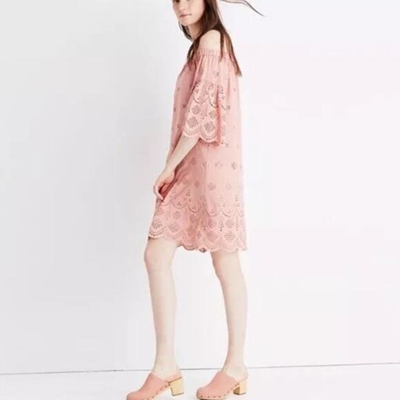 Madewell Eyelet Embroidered Off The Shoulder Mini Shift Dress Dusty Rose Size 2 - Picture 3 of 7